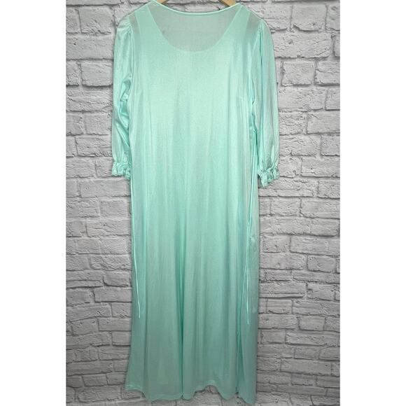 Vintage Texsheen Peignoir Nightgown Set Teal Blue Size M Shiny Long Floral 60/70 - Picture 11 of 14